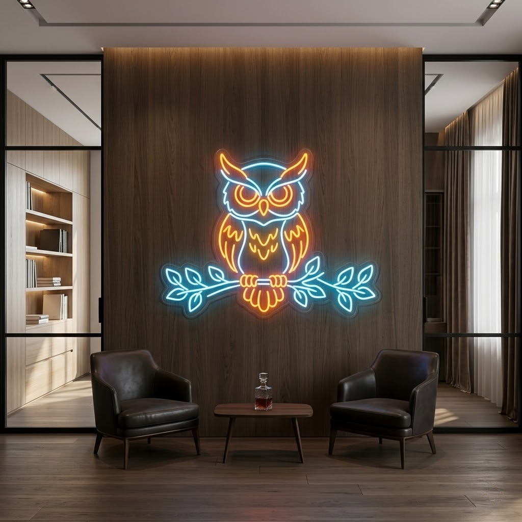 Daldaki Baykuş Figürlü Neon LED Tabela