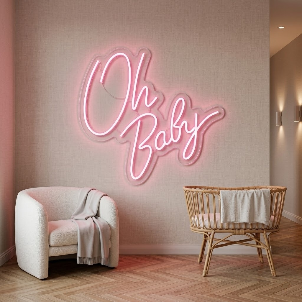 Pembe Oh Baby Yazılı Neon LED Tabela - Bebek Odası & Baby Shower