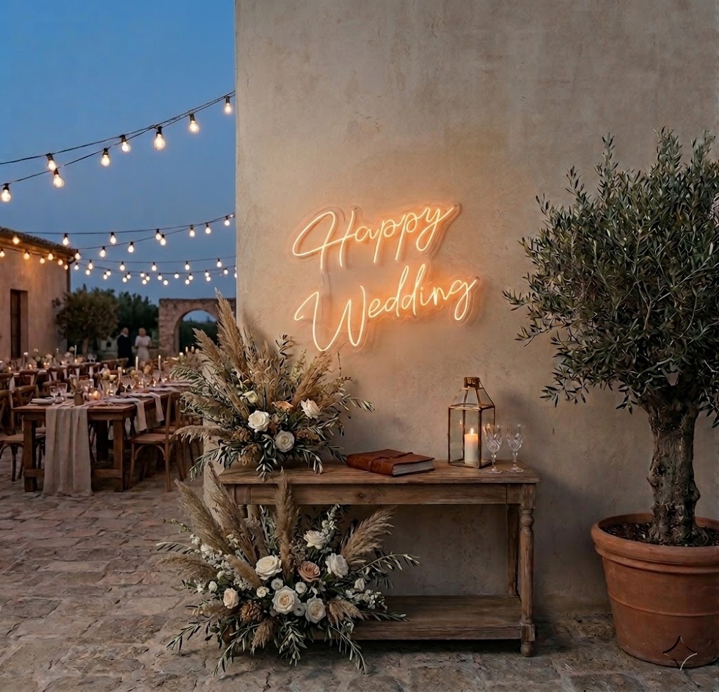 Happy Wedding Yazılı Neon LED Tabela - Kır Düğünü Dekoru