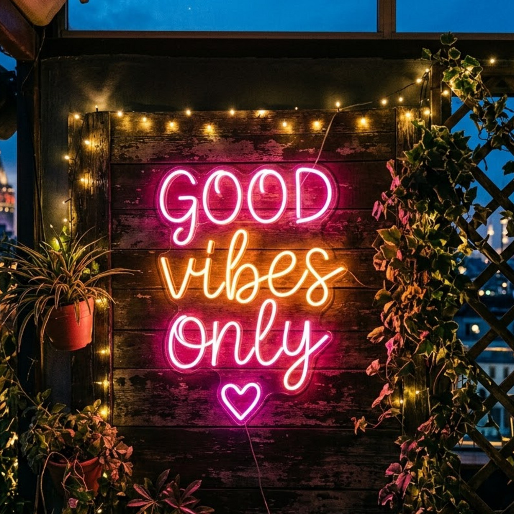 Good Vibes Only Kalp Detaylı Neon LED Tabela