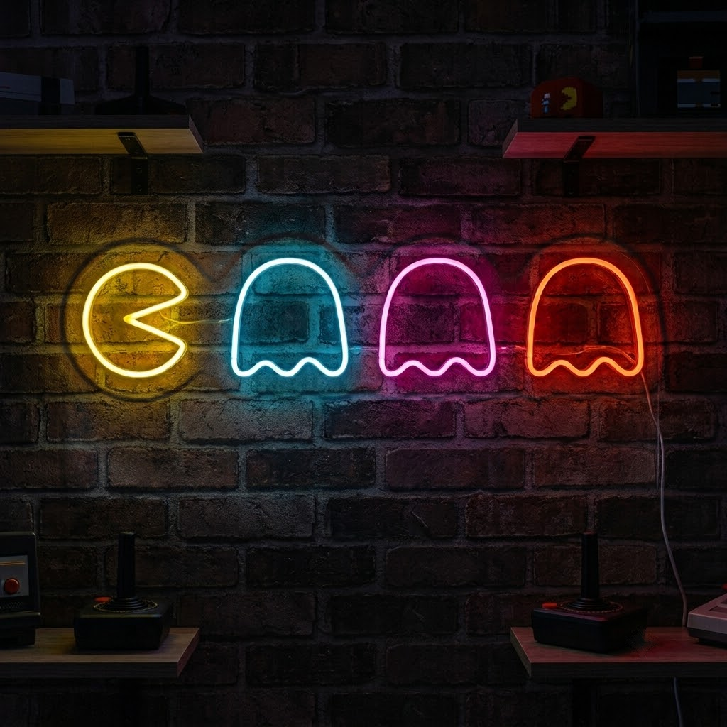 Pac-Man ve Hayaletleri (Ghosts) Figürlü Retro Neon LED Tabela
